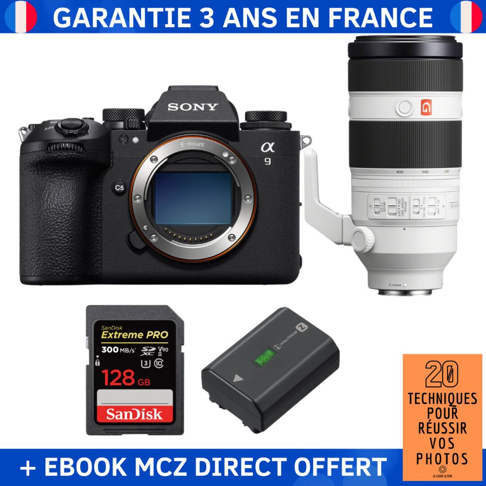 Sony A9 III + FE 100-400mm f/4.5-5.6 GM OSS Lens + 1 SanDisk 128GB Extreme PRO UHS-II SDXC Card + 1 Sony NP-FZ100 Battery + Ebook '20 Techniques for Successful Photos' - Professional Camera
