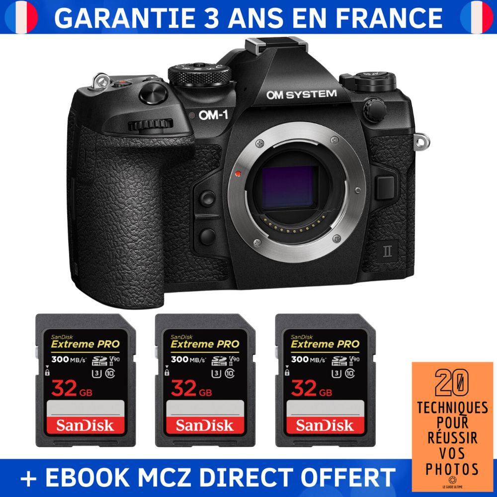 Appareil photo hybride OM System OM-1 Mark II + 3 cartes mémoire SanDisk 32 Go Extreme PRO UHS-II SDXC 300 Mo/s + ebook '20 techniques pour réussir vos photos'