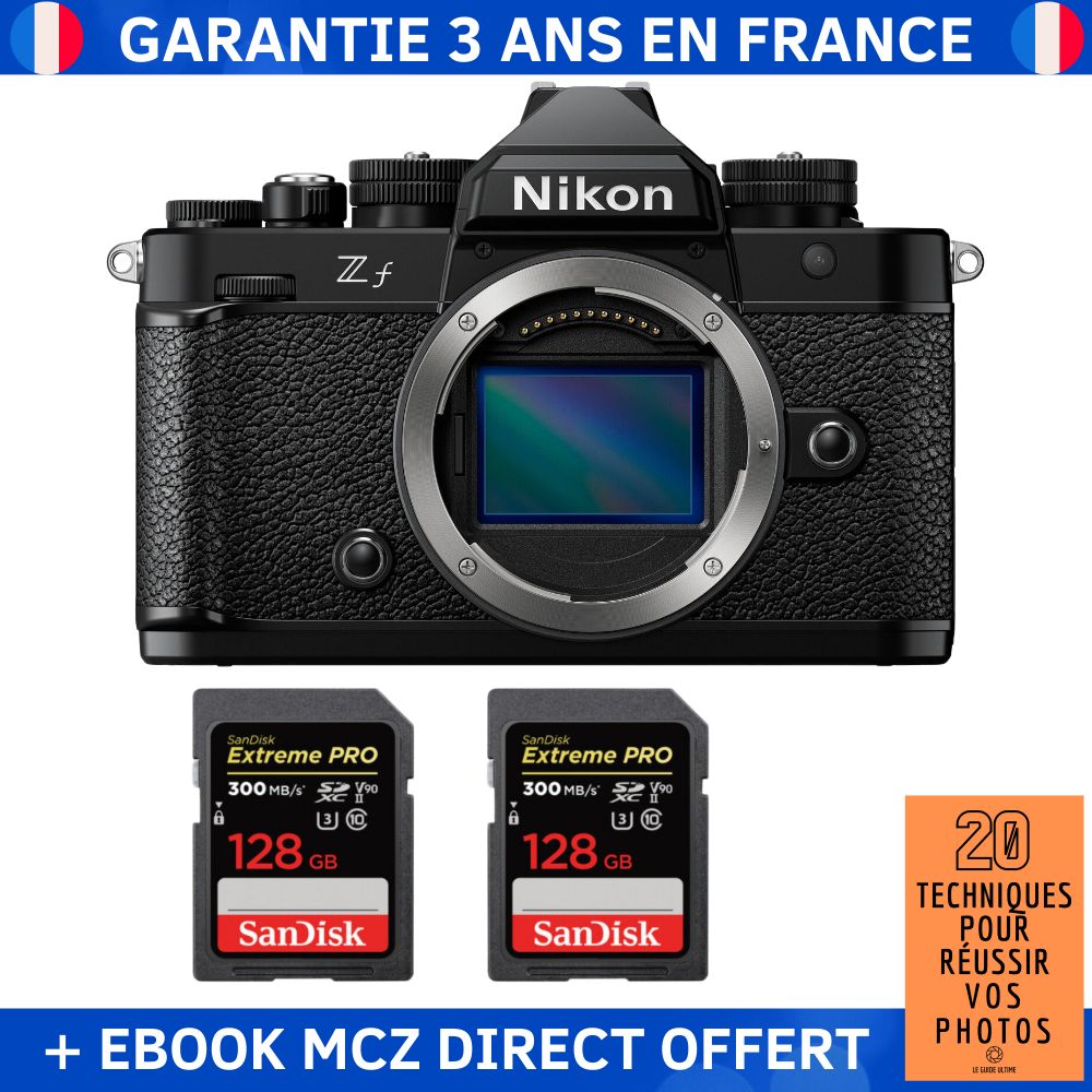 Nikon Zf + 2 SanDisk 128GB Extreme PRO UHS-II SDXC 300MB/s Memory Card + '20 Techniques pour Réussir vos Photos' Ebook - Hybrid Camera