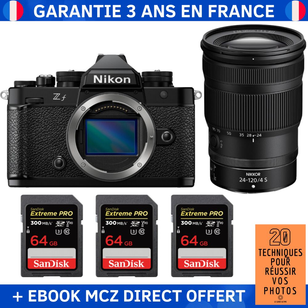Nikon Zf + 24-120mm f/4 S Lens + 3 SanDisk 64GB Extreme PRO UHS-II SDXC Cards + Ebook - Hybrid Camera