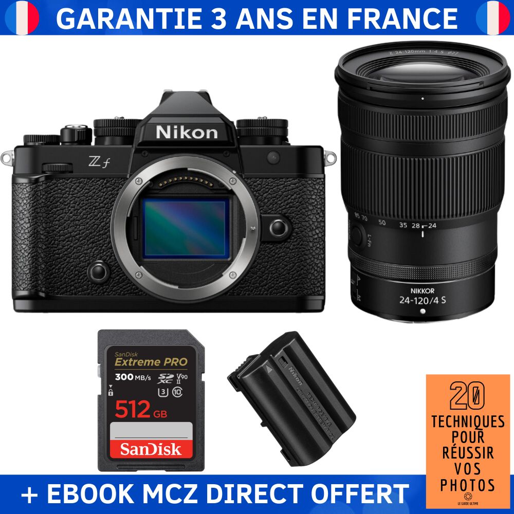 Nikon Zf + 24-120mm f/4 S Lens + 512GB SanDisk Extreme PRO UHS-II SDXC Card + EN-EL15C Battery + '20 Techniques pour Réussir vos Photos' Ebook - Hybrid Camera