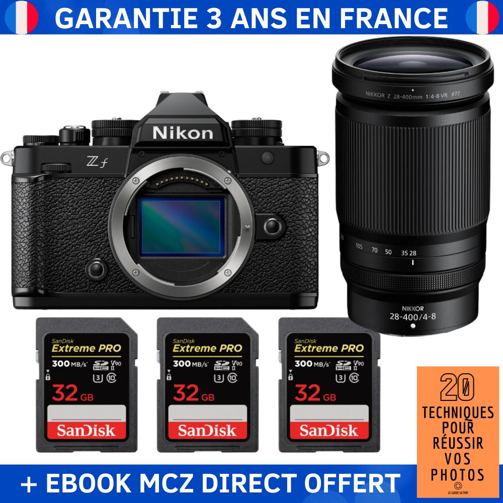 Nikon Zf + 28-400mm f/4-8 VR Lens + 3 SanDisk 32GB Extreme PRO SD Cards + Ebook - Hybrid Camera