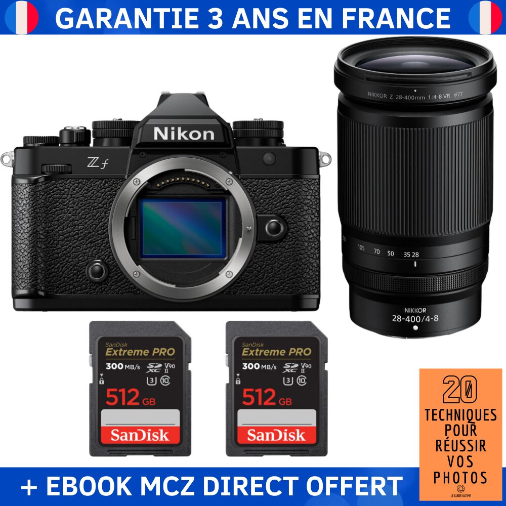 Nikon Zf + 28-400mm f/4-8 VR Lens + 2x 512GB SanDisk Extreme PRO SDXC Cards + '20 Techniques for Success in Photography' Ebook - Hybrid Camera