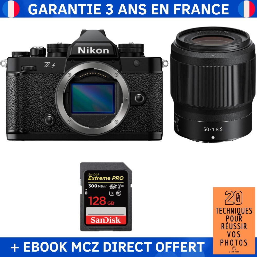 Appareil photo hybride Nikon Zf + objectif 50mm f/1.8 S + carte SD 128Go SanDisk Extreme PRO + ebook '20 techniques pour réussir vos photos'
