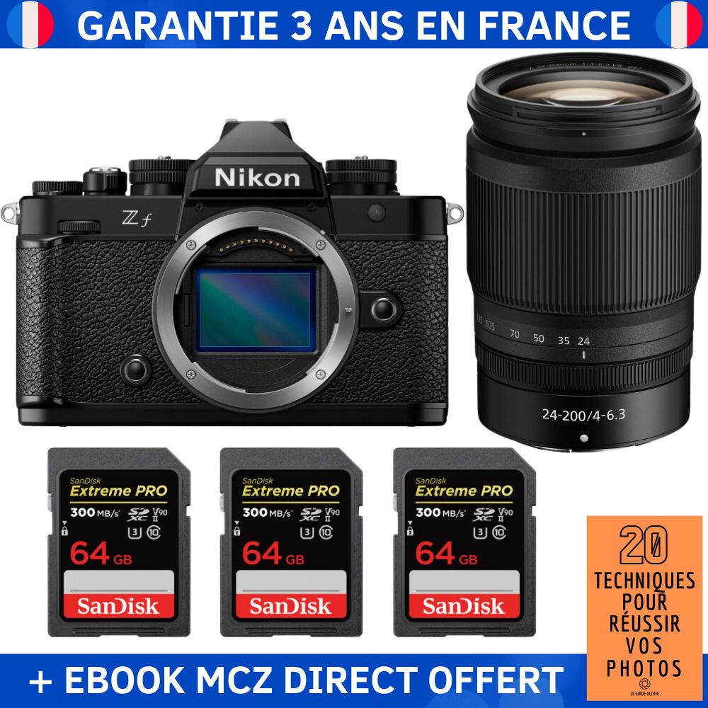 Nikon Zf + 24-200mm f/4-6.3 VR Kit + 3x 64GB SanDisk Extreme PRO UHS-II SDXC Cards + '20 Techniques for Successful Photos' Ebook - Hybrid Camera