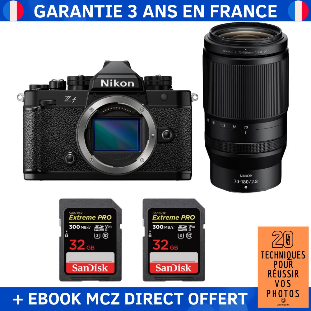 Nikon Zf + Lente 70-180mm f/2.8 + 3 x Tarjetas SD 32GB SanDisk Extreme PRO UHS-II 300 MB/s + Guía '20 Técnicas para Tener Éxito en tus Fotos' - Cámara Hybrid