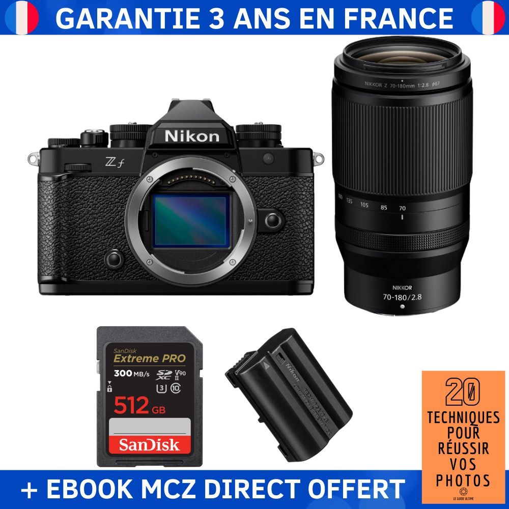 Nikon Zf + objectif 70-180mm f/2.8 + carte SDXC SanDisk 512Go Extreme PRO + batterie EN-EL15C + ebook '20 Techniques pour Réussir vos Photos' - Appareil photo hybride