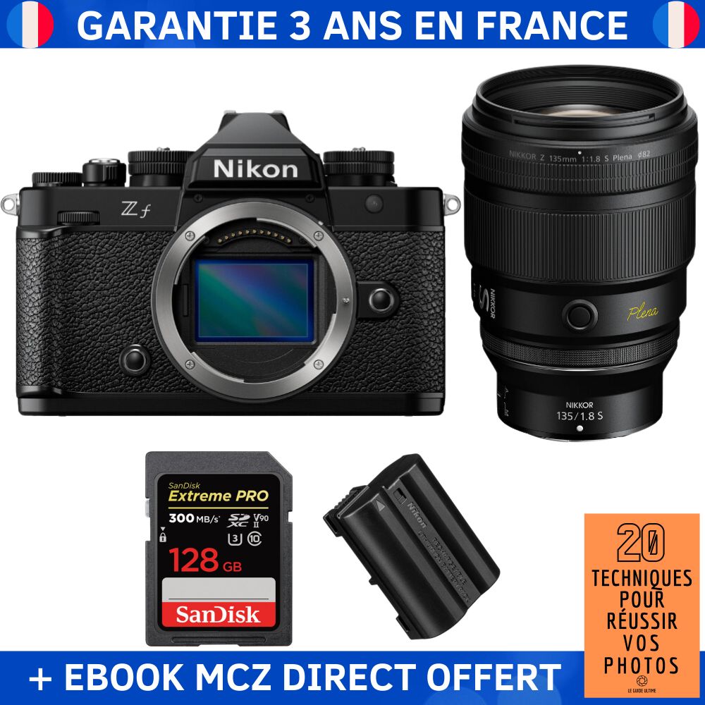 Nikon Zf + 135mm f/1.8 S Lens + 1 SanDisk 128GB Extreme PRO UHS-II SDXC Card + 1 Nikon EN-EL15C + Ebook - Hybrid Camera