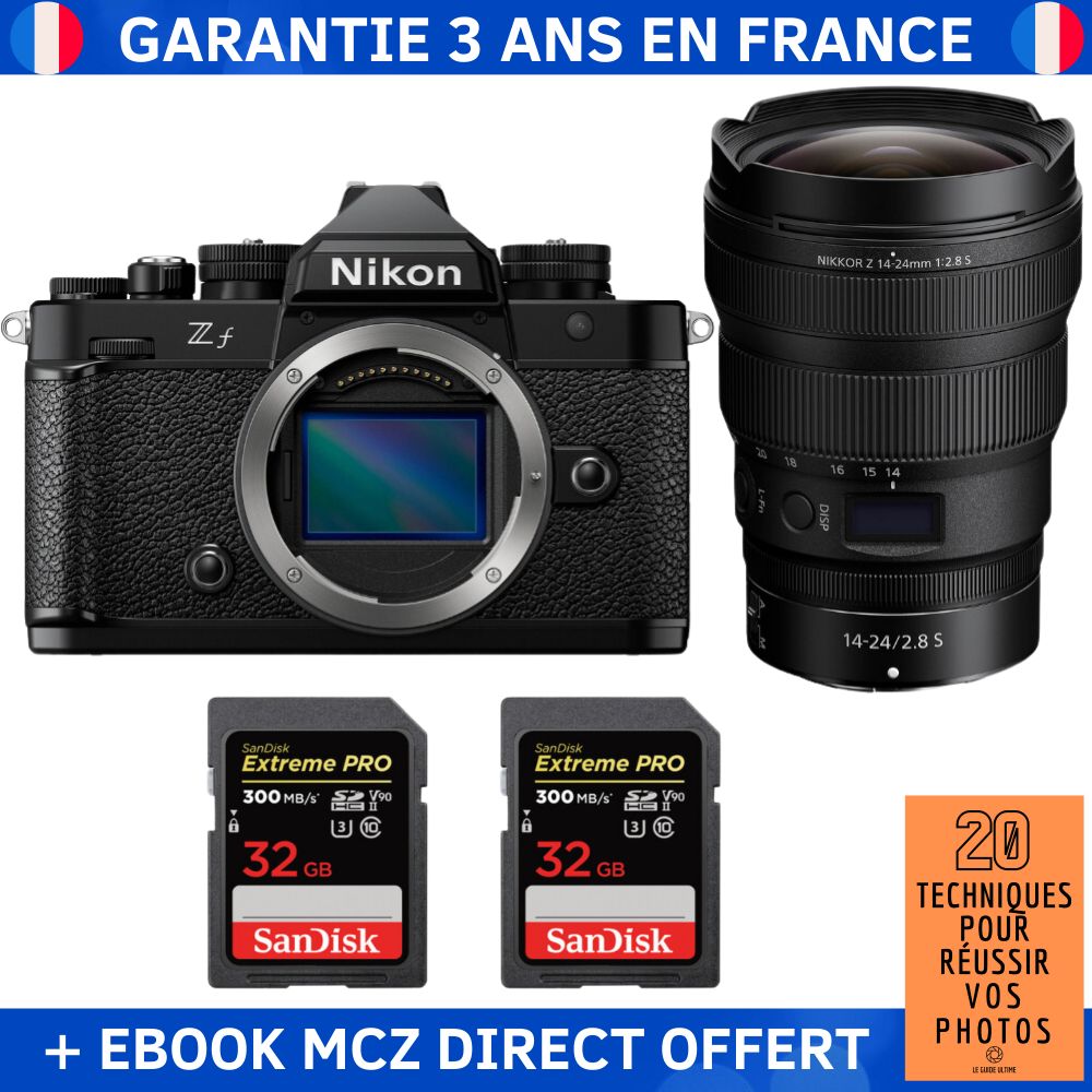 Nikon Zf + 14-24mm f/2.8 S Lens + 2x SanDisk 32GB Extreme PRO UHS-II SDXC Cards + Ebook - Hybrid Camera
