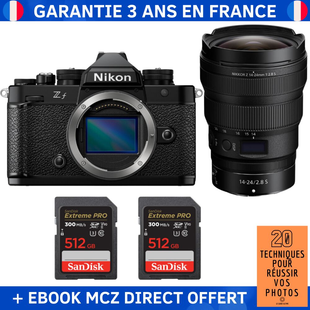 Nikon Zf + 14-24mm f/2.8 S Lens + 2x 512GB SanDisk Extreme PRO UHS-II SDXC Cards + '20 Techniques pour Réussir vos Photos' Ebook - Hybrid Camera