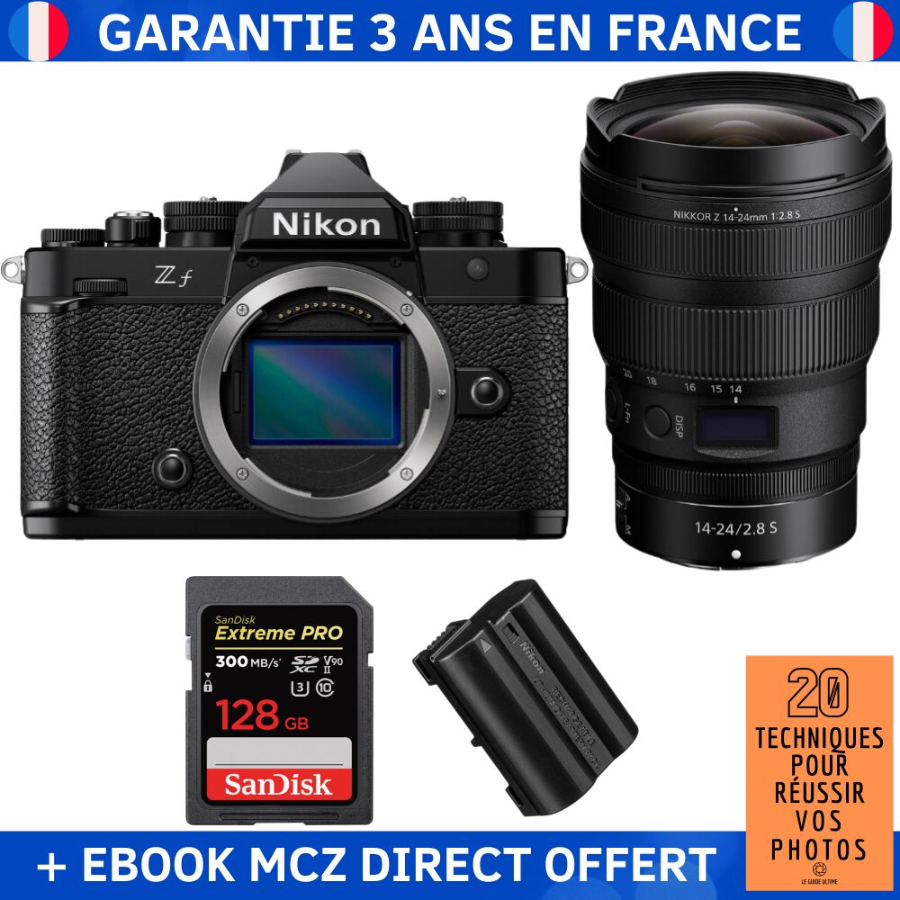 Nikon Zf + 14-24mm f/2.8 S Lens + 1 SanDisk 128GB Extreme PRO UHS-II SDXC Card + 1 Nikon EN-EL15C Battery + '20 Techniques pour Réussir vos Photos' Ebook - Hybrid Camera