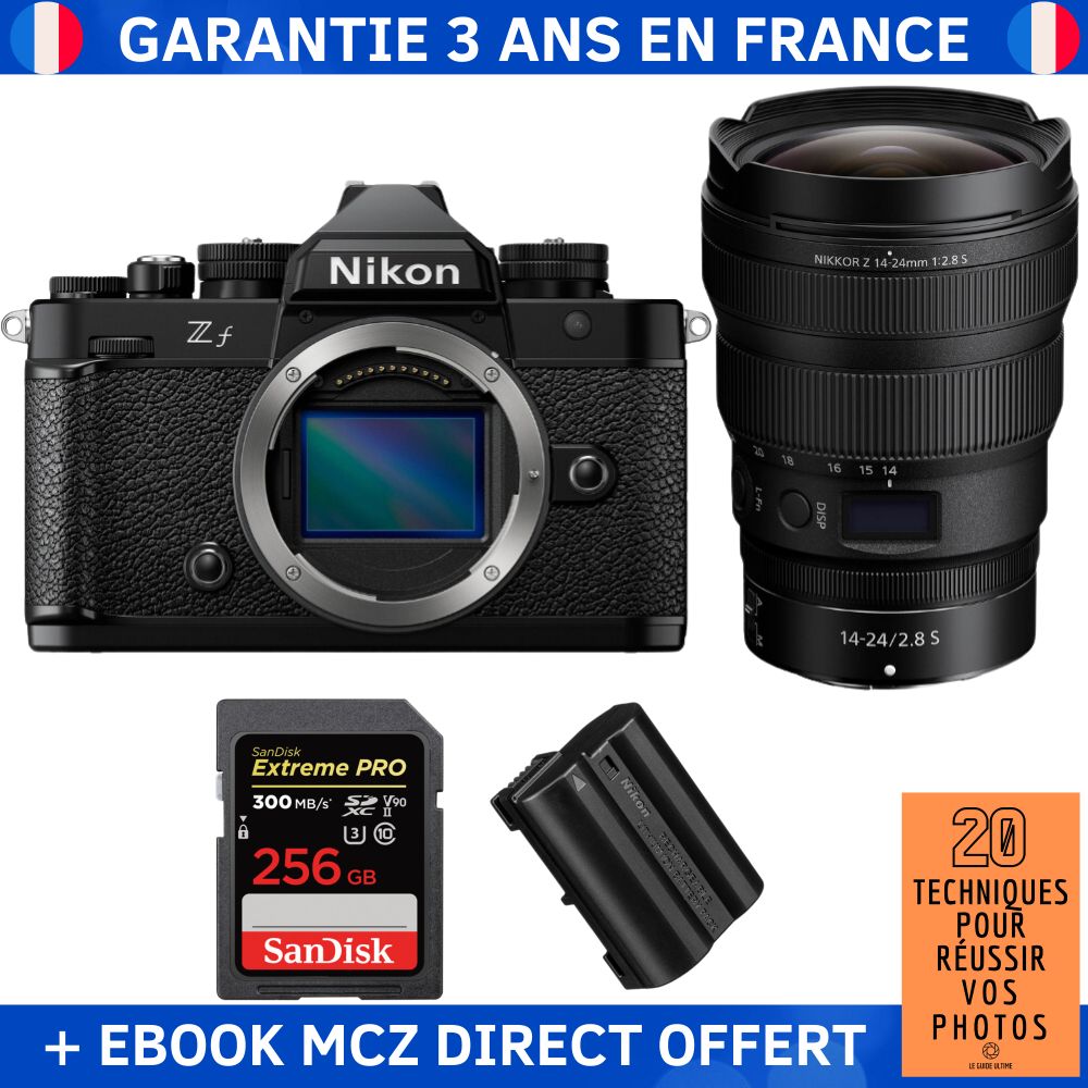 Nikon Zf + 14-24mm f/2.8 S Lens + 1 SanDisk 256GB Extreme PRO UHS-II SDXC Card + 1 Nikon EN-EL15C Battery + Ebook - Hybrid Camera