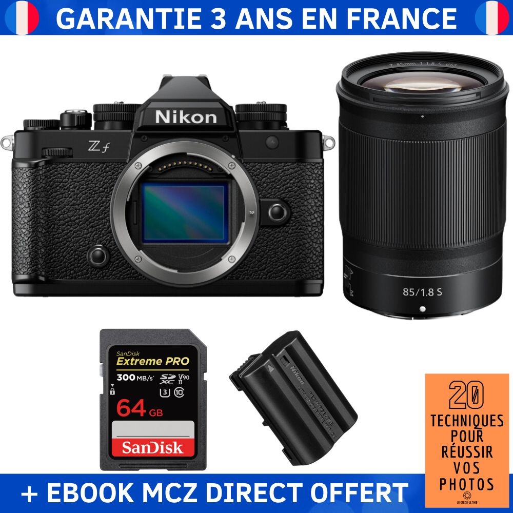 Nikon Zf + 85mm f/1.8 S Lens + 1 SanDisk 64GB Extreme PRO UHS-II SDXC Card + 1 Nikon EN-EL15C Battery + Ebook - Hybrid Camera