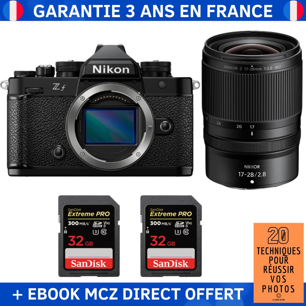 Nikon Zf + Lente 17-28mm f/2.8 + 2 Tarjetas de Memoria Sandisk 32GB Extreme PRO UHS-II SDXC 300 MB/s + Libro electrónico '20 Técnicas para Lograr Fotografías Exitosas' - Cámara híbrida