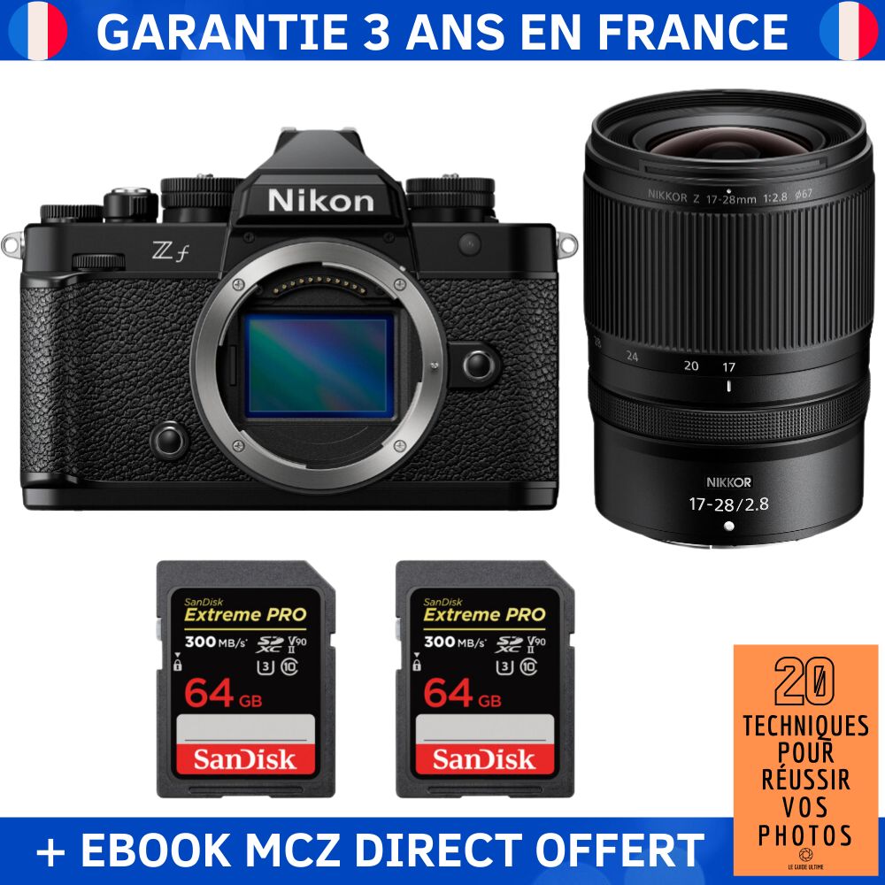 Nikon Zf + lente 17-28mm f/2.8 + 2 tarjetas de memoria SanDisk 64GB Extreme PRO UHS-II SDXC 300 MB/s + ebook '20 Técnicas para Lograr tus Fotos' - Cámara híbrida