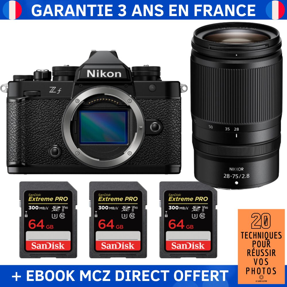 Nikon Zf + 28-75mm f/2.8 Lens + 3 SanDisk 64GB Extreme PRO UHS-II SDXC Cards + Ebook - Hybrid Camera