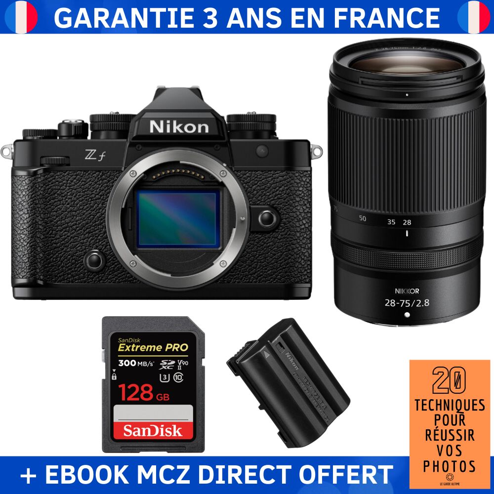Nikon Zf + 28-75mm f/2.8 Lens + 1 SanDisk 128GB Extreme PRO UHS-II SDXC Card + 1 Nikon EN-EL15C Battery + '20 Techniques pour Réussir vos Photos' Ebook - Hybrid Camera