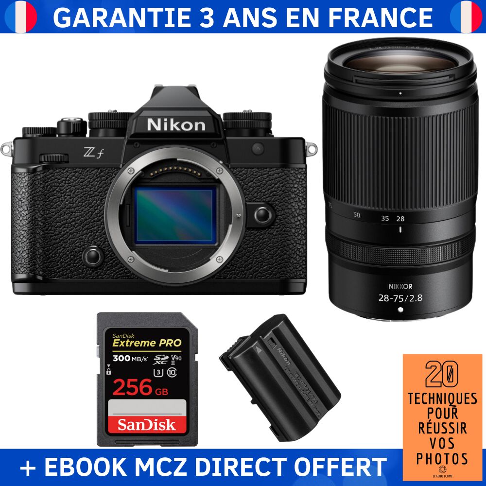 Nikon Zf + 28-75mm f/2.8 Lens + 1 SanDisk 256GB Extreme PRO UHS-II SDXC Card + 1 Nikon EN-EL15C Battery + Ebook - Hybrid Camera