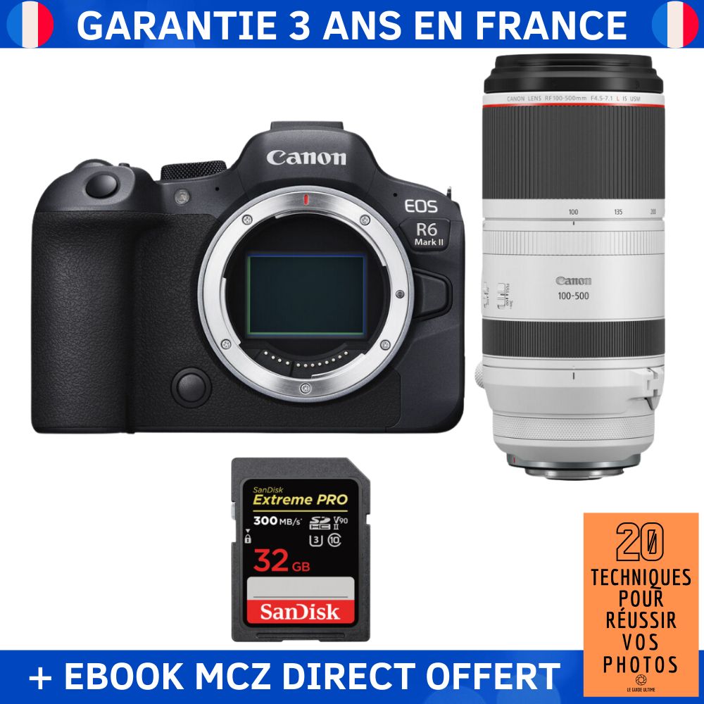 Canon EOS R6 Mark II + RF 100-500mm f/4.5-7.1 L IS USM + 1 SanDisk 32GB Extreme PRO UHS-II SDXC 300 MB/s + Ebook '20 Techniques pour Réussir vos Photos' - Hybrid Camera