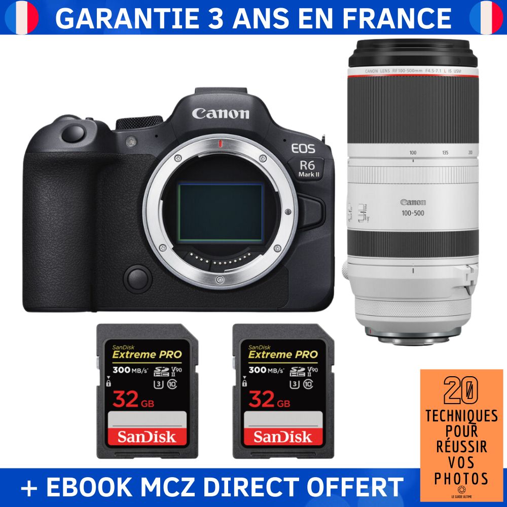 Canon EOS R6 Mark II + RF 100-500mm f/4.5-7.1 L IS USM Lens + 2 SanDisk 32GB Extreme PRO UHS-II SDXC Cards + '20 Techniques pour Réussir vos Photos' Ebook - Hybrid Camera