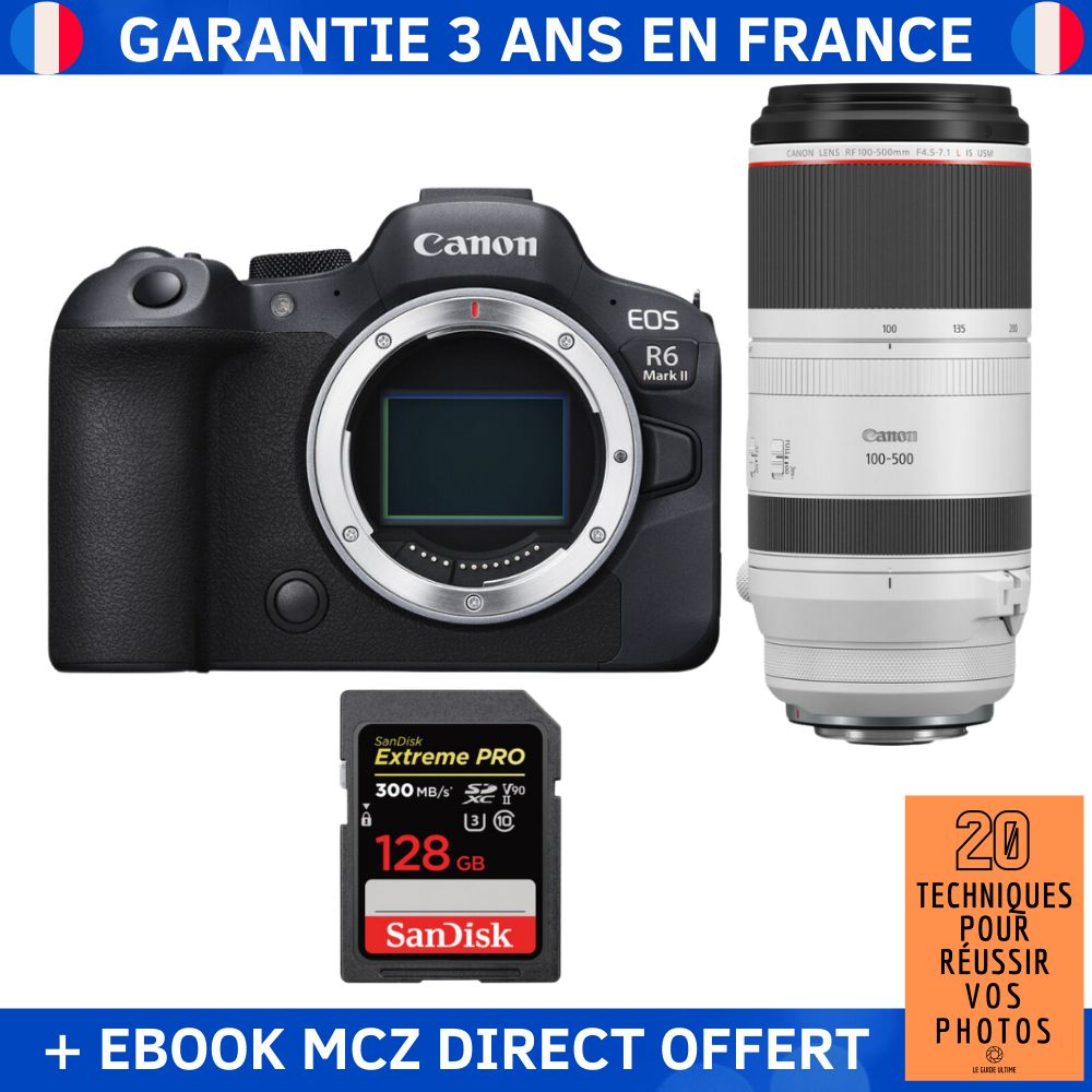 Canon EOS R6 Mark II + RF 100-500mm f/4.5-7.1 L IS USM Lens + 1 SanDisk 128GB Extreme PRO UHS-II SDXC Card + '20 Techniques pour Réussir vos Photos' Ebook - Hybrid Camera