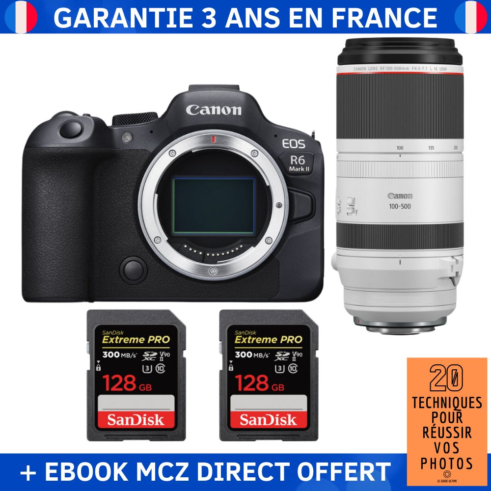 Canon EOS R6 Mark II + RF 100-500mm f/4.5-7.1 L IS USM + 2 SanDisk 128GB Extreme PRO UHS-II SDXC 300 MB/s + Ebook '20 Techniques pour Réussir vos Photos' - Hybrid Camera