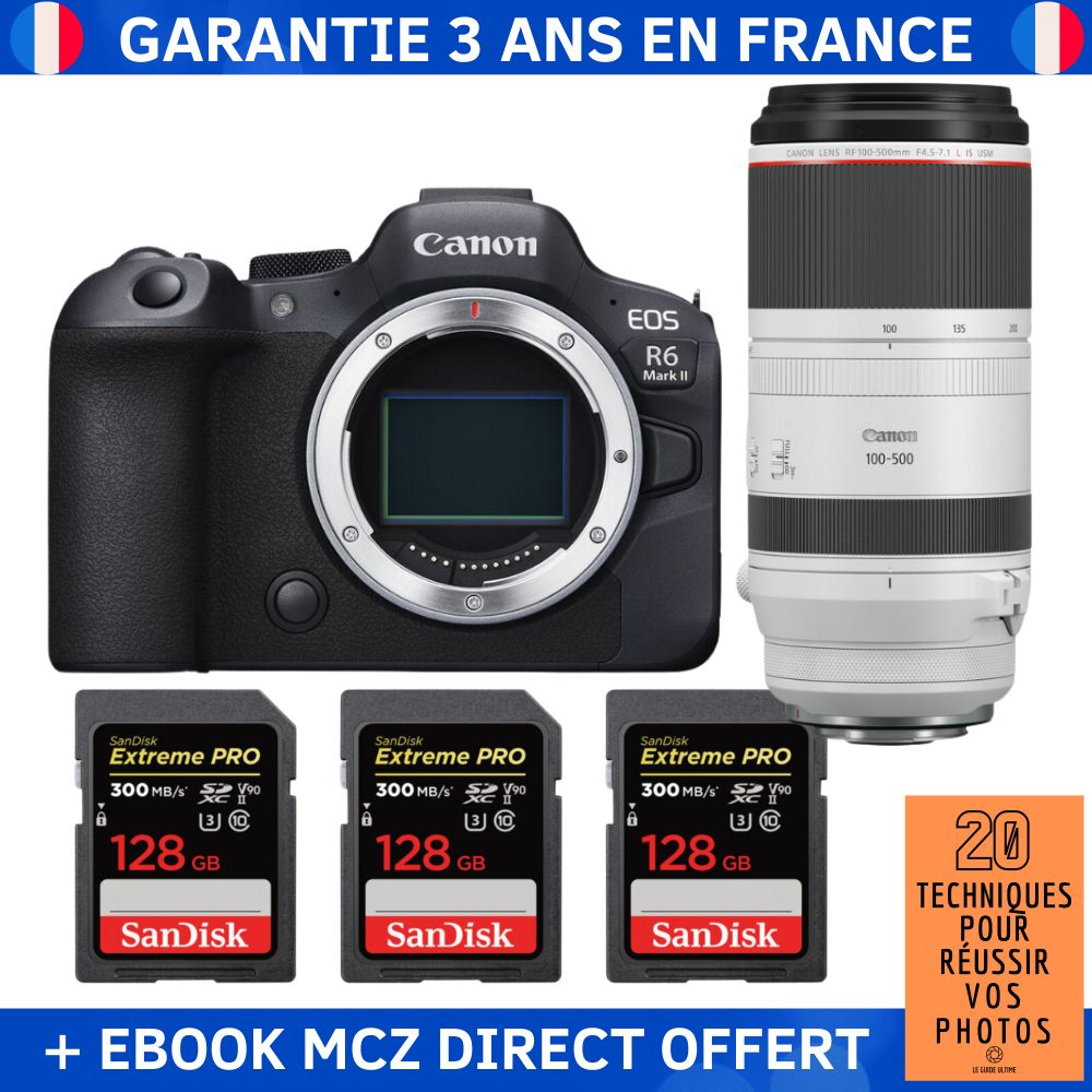 Canon EOS R6 Mark II + RF 100-500mm f/4.5-7.1 L IS USM + 3 SanDisk 128GB Extreme PRO UHS-II SDXC 300 MB/s + Ebook '20 Techniques pour Réussir vos Photos' - Hybrid Camera