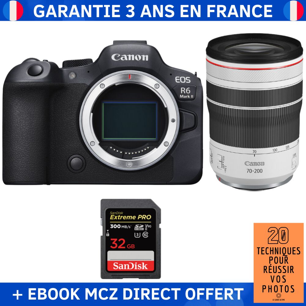 Canon EOS R6 Mark II + RF 70-200mm f/4 L IS USM + 1 SanDisk 32GB Extreme PRO UHS-II SDXC 300MB/s + Ebook '20 Techniques pour Réussir vos Photos' - Hybrid Camera