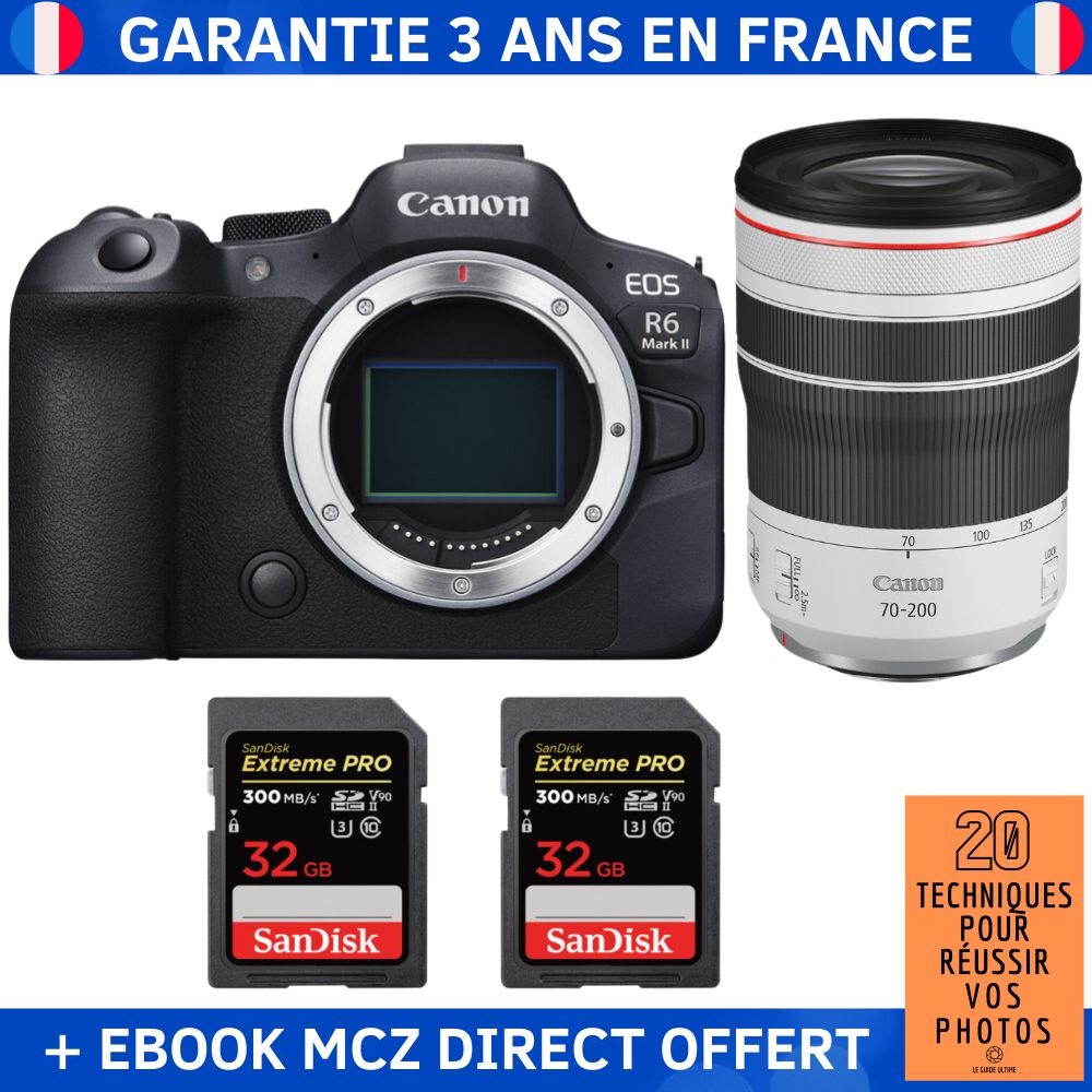 Canon EOS R6 Mark II + RF 70-200mm f/4 L IS USM + 2 SanDisk 32GB Extreme PRO UHS-II SDXC 300MB/s + Ebook '20 Techniques pour Réussir vos Photos' - Hybrid Camera