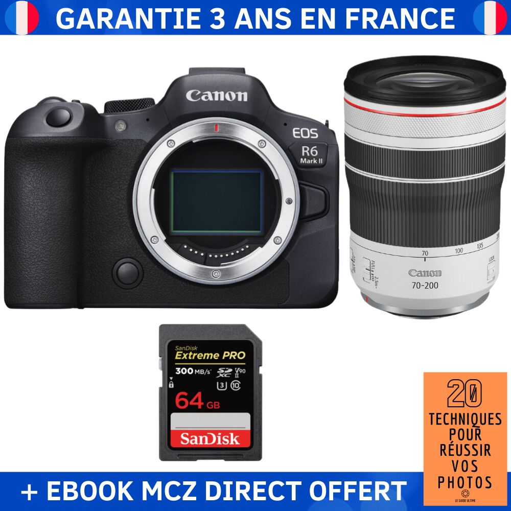 Canon EOS R6 Mark II + RF 70-200mm f/4 L IS USM Lens + 1 SanDisk 64GB Extreme PRO UHS-II SDXC Card + '20 Techniques pour Réussir vos Photos' Ebook - Hybrid Camera