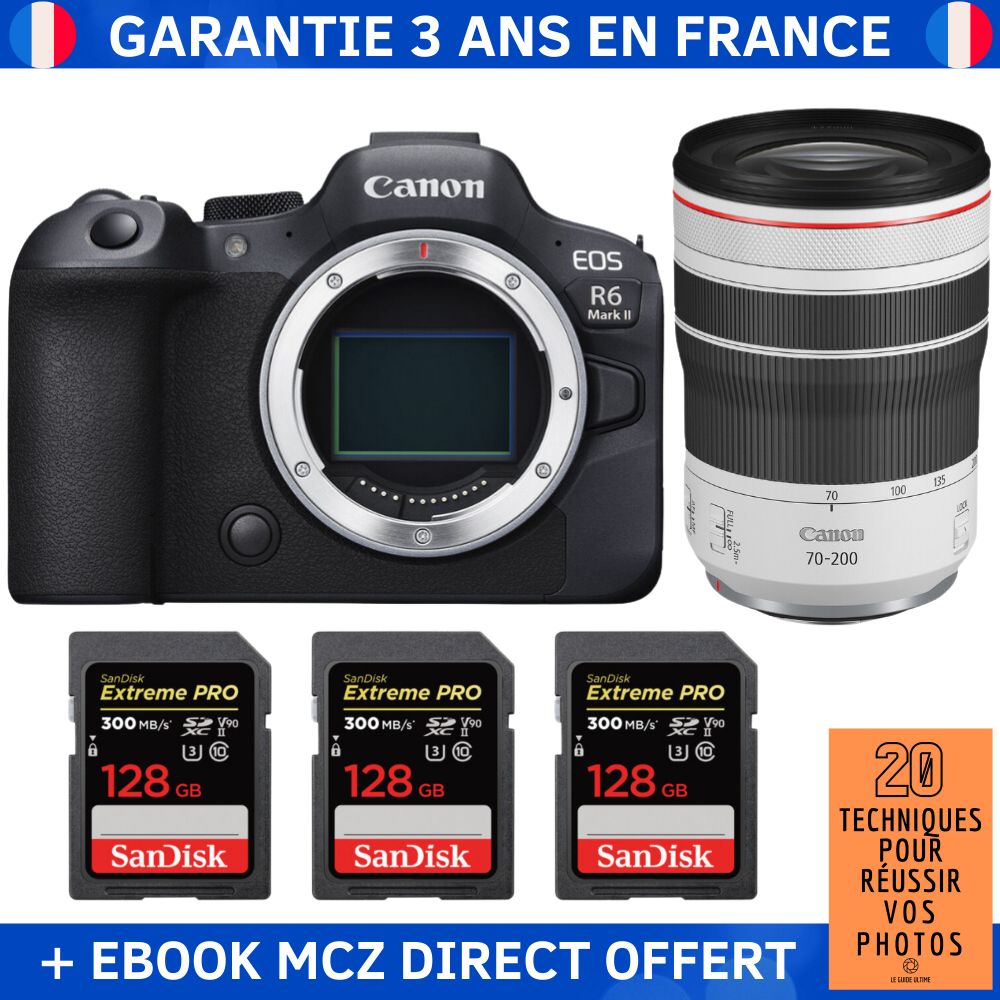Canon EOS R6 Mark II + RF 70-200mm f/4 L IS USM + 3 SanDisk 128GB Extreme PRO UHS-II SDXC 300MB/s + Ebook '20 Techniques pour Réussir vos Photos' Hybrid Camera