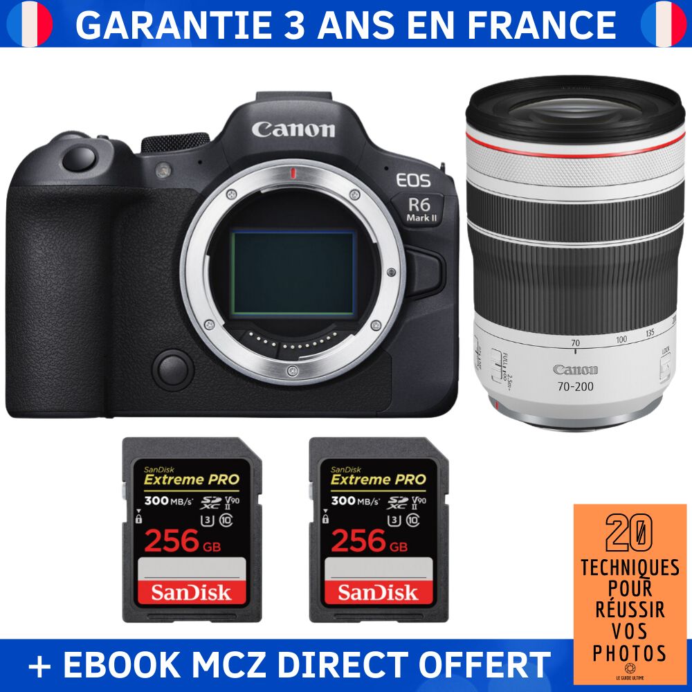 Canon EOS R6 Mark II + RF 70-200mm f/4 L IS USM + 2 SanDisk 256GB Extreme PRO UHS-II SDXC 300 MB/s + Ebook '20 Techniques pour Réussir vos Photos' - Hybrid Camera