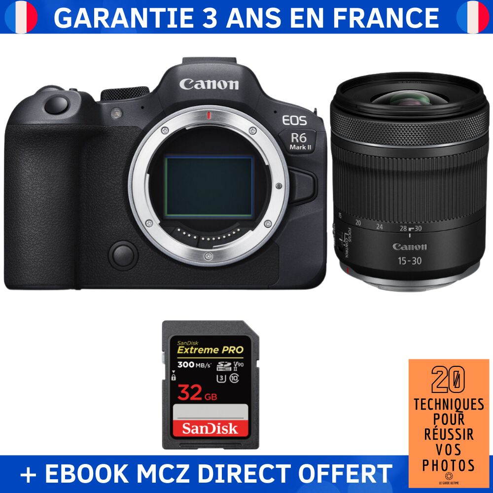 Canon EOS R6 Mark II + RF 15-30mm f/4.5-6.3 IS STM Lens + 1x 32GB SanDisk Extreme PRO UHS-II SDXC Card + '20 Techniques for Success in Photography' Ebook - Hybrid Camera