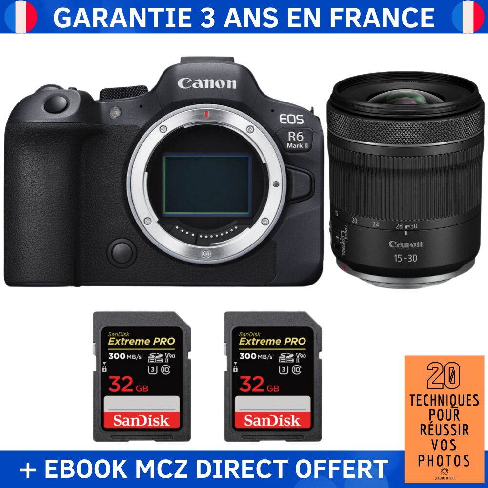 Canon EOS R6 Mark II + RF 15-30mm f/4.5-6.3 IS STM + 2x SanDisk 32GB Extreme PRO UHS-II SDXC 300MB/s + '20 Techniques pour Réussir vos Photos' Ebook - Hybrid Camera