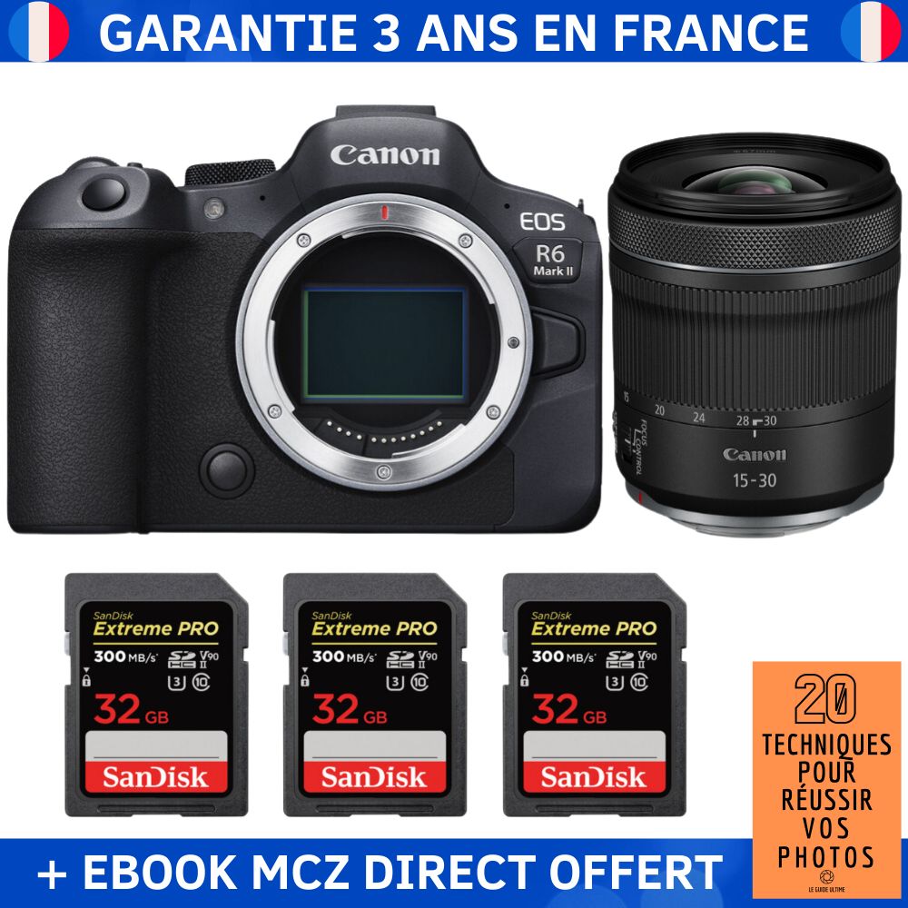 Canon EOS R6 Mark II + RF 15-30mm f/4.5-6.3 IS STM + 3 SanDisk 32GB Extreme PRO UHS-II SDXC 300MB/s + Ebook '20 Techniques pour Réussir vos Photos' - Hybrid Camera