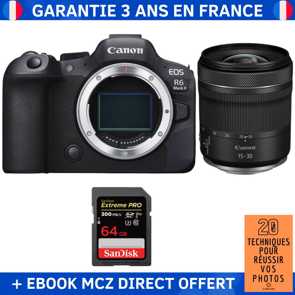 Canon EOS R6 Mark II + RF 15-30mm f/4.5-6.3 IS STM + 1 SanDisk 64GB Extreme PRO UHS-II SDXC 300MB/s + Ebook '20 Techniques pour Réussir vos Photos' - Hybrid Camera