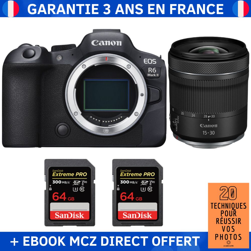 Canon EOS R6 Mark II + RF 15-30mm f/4.5-6.3 IS STM Lens + 2x 64GB SanDisk Extreme PRO UHS-II SDXC Cards + '20 Techniques pour Réussir vos Photos' Ebook - Hybrid Camera