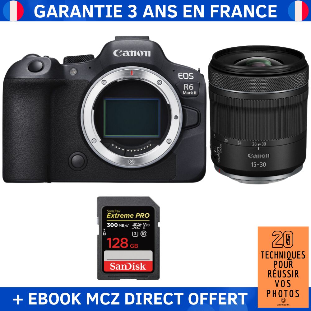 Canon EOS R6 Mark II + RF 15-30mm f/4.5-6.3 IS STM Lens + 1 SanDisk 128GB Extreme PRO UHS-II SDXC Card + '20 Techniques pour Réussir vos Photos' Ebook - Hybrid Camera