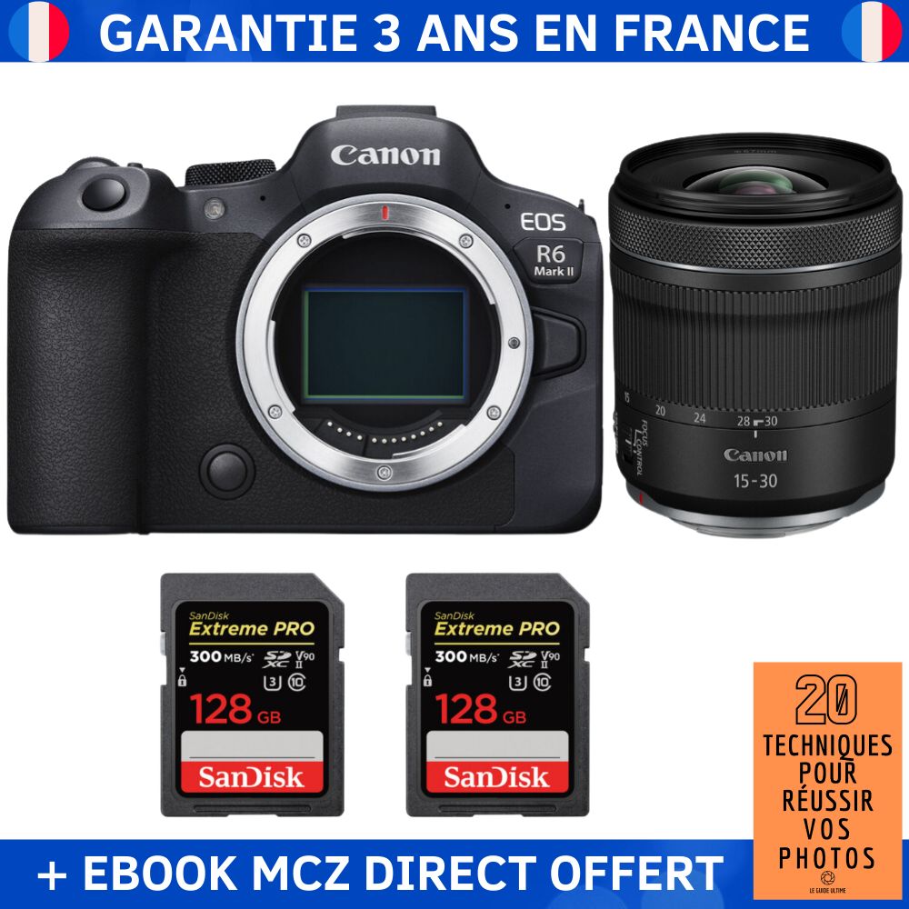 Canon EOS R6 Mark II + RF 15-30mm f/4.5-6.3 IS STM + 2x SanDisk 128GB Extreme PRO UHS-II SDXC 300MB/s + Ebook '20 Techniques pour Réussir vos Photos' - Hybrid Camera