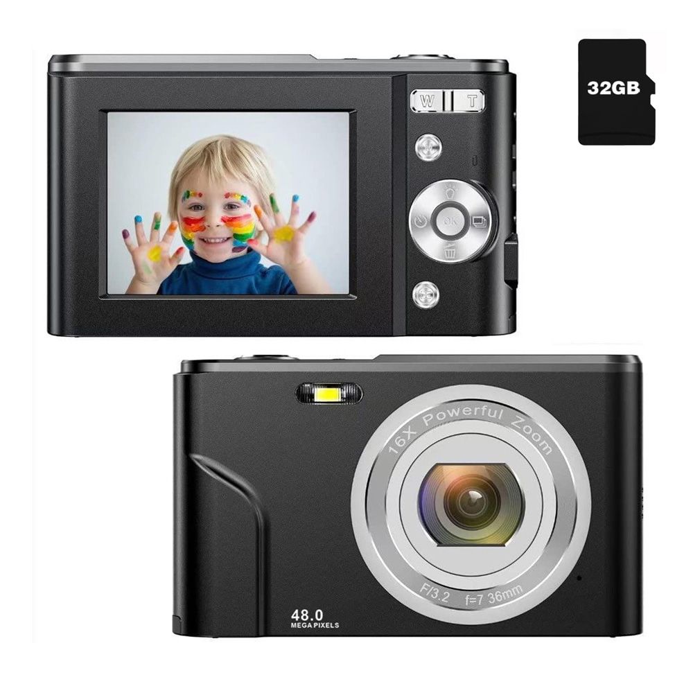 Digital Camera 48MP FHD 1080p with 16x Zoom and 32GB Memory Card Black