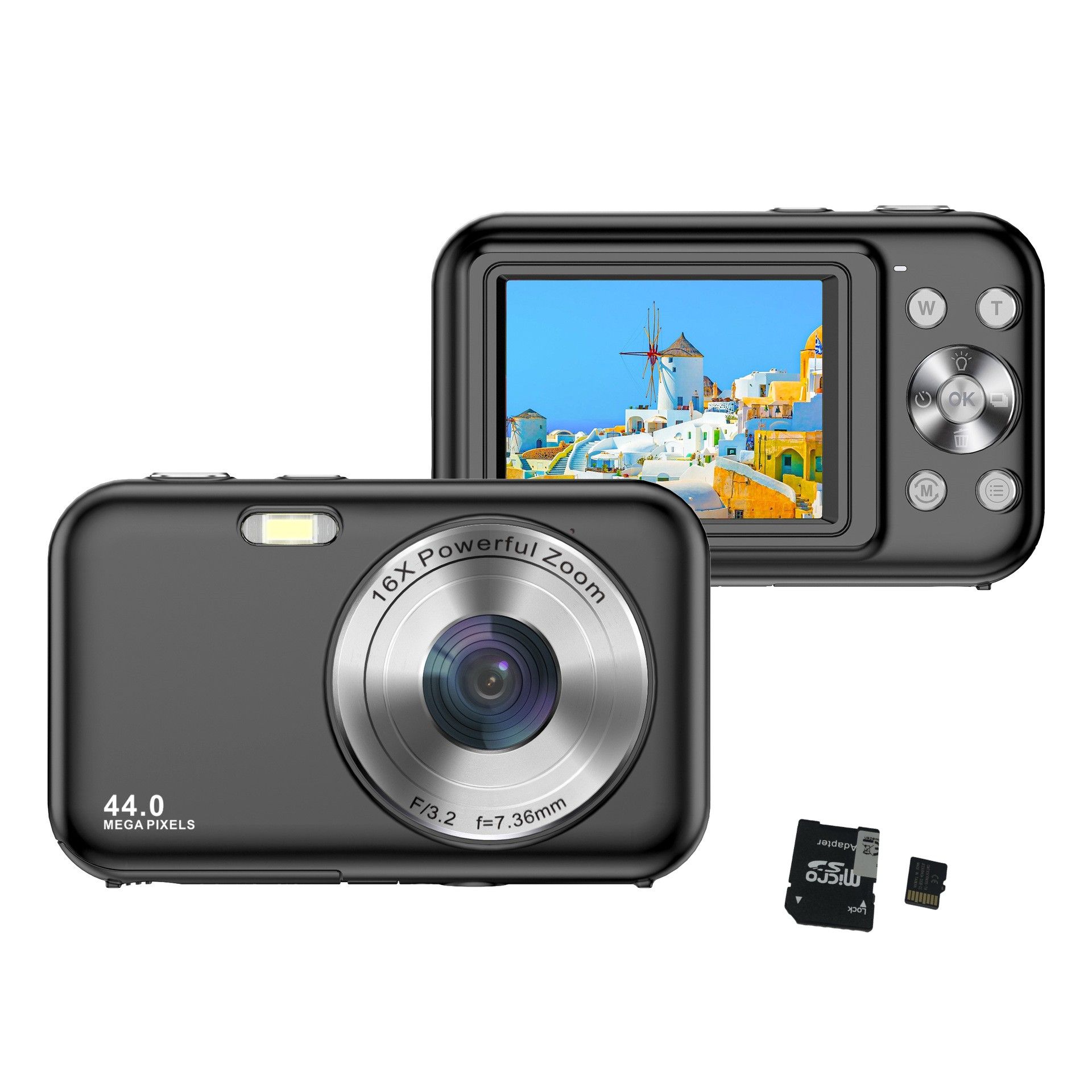 Digital Camera 44MP 1080P with 16x Zoom, 2.4-inch Screen, 32GB Card - Black
