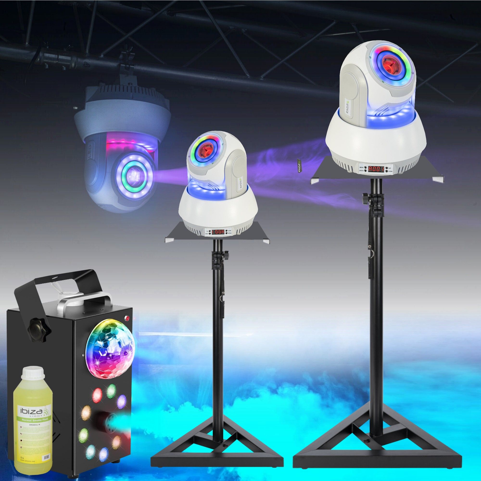 Ibiza Light STAR-SPOT-WH 30W Spot Lights Kit with Supports and Fog Machine - 2 Packs