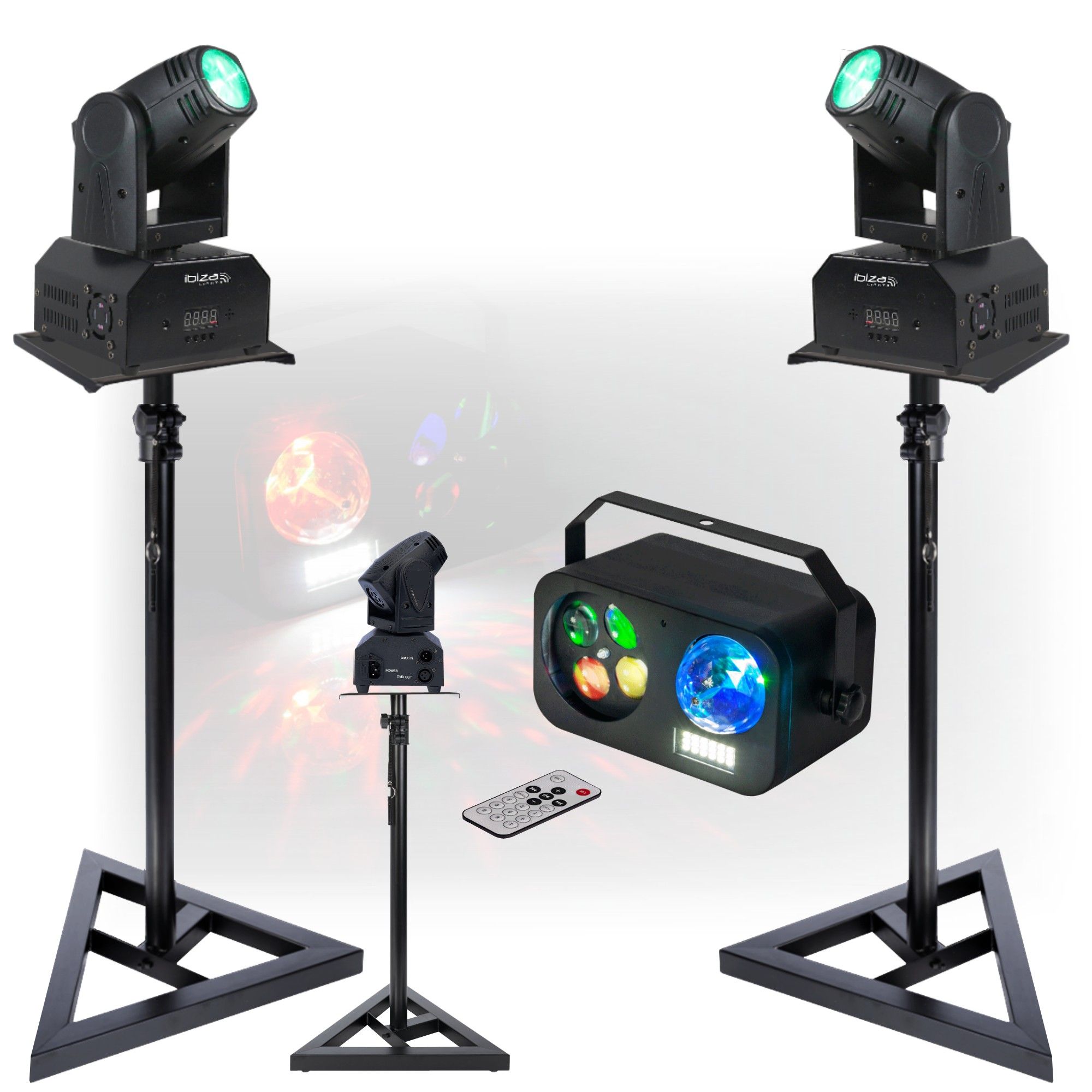 Kit de iluminación Ibiza Light LMH250-RC de 10 W LED RGB DMX - 2 Tripodes de soporte - Efecto de luz 3 en 1 Stroboscopio Gobo Astro DJ Fiesta