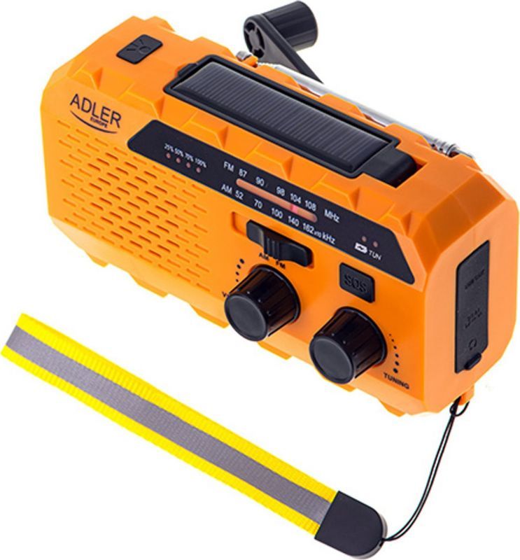 Adler Solar Dynamo Radio, Portable, Rechargeable FM/AM with USB-C Charge, Power Bank, Yellow, AD1197