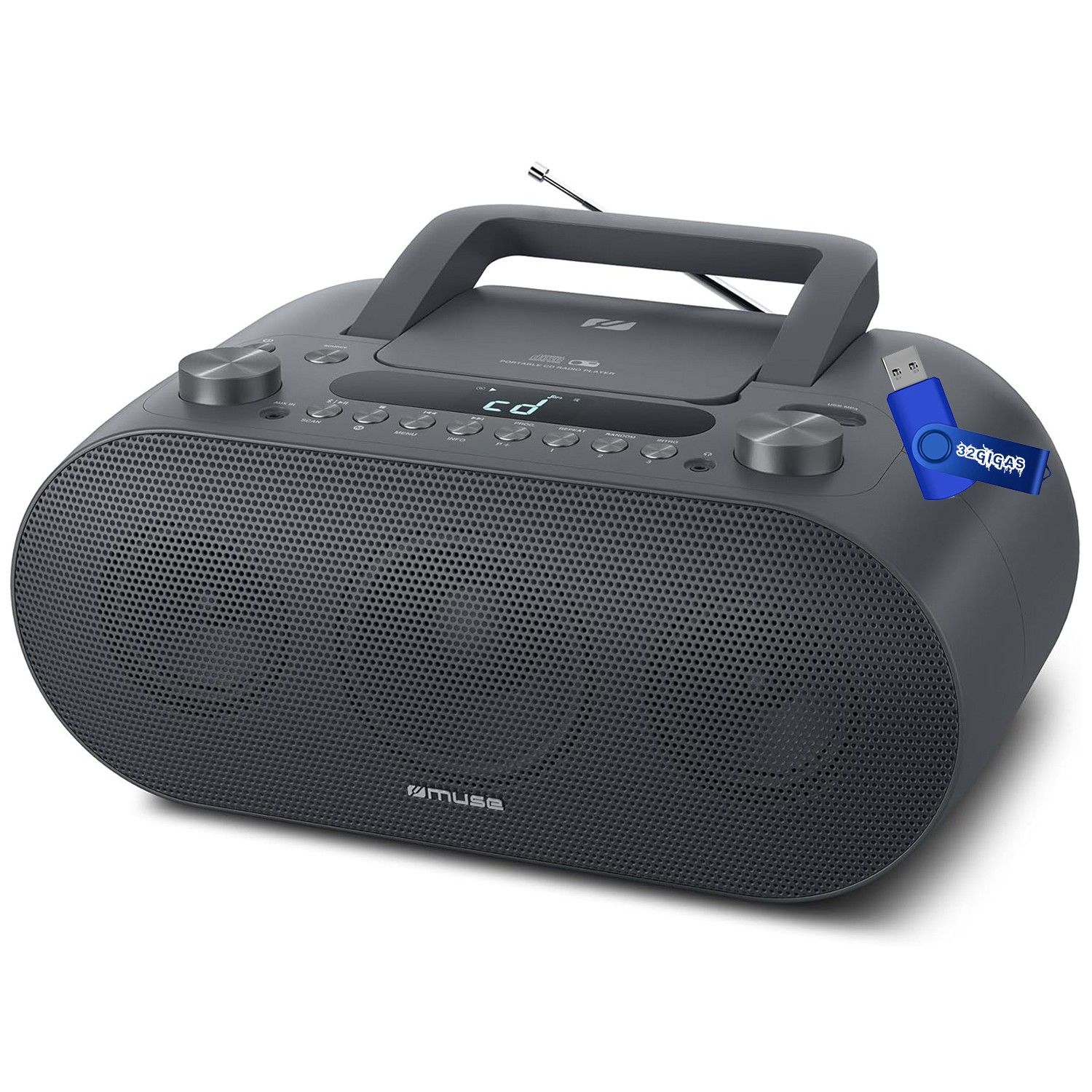 Muse M-35 BT CD Player with Bluetooth, FM Radio, MP3, USB, AC and Battery Power, Black + 32GB USB Key
