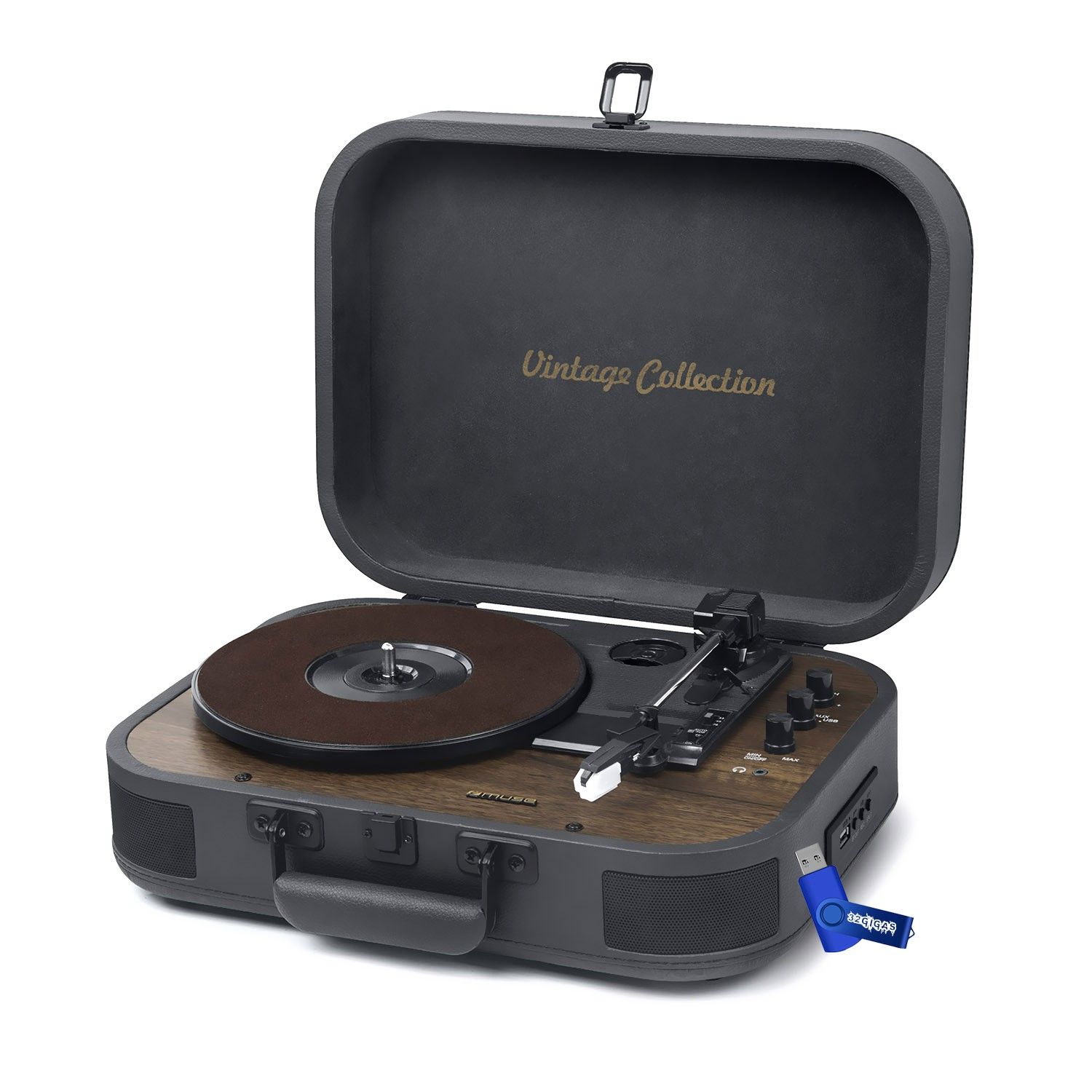Muse MT-207 DGB Vinyl Player, 3-Speed Turntable with Bluetooth and USB, Black and Wood