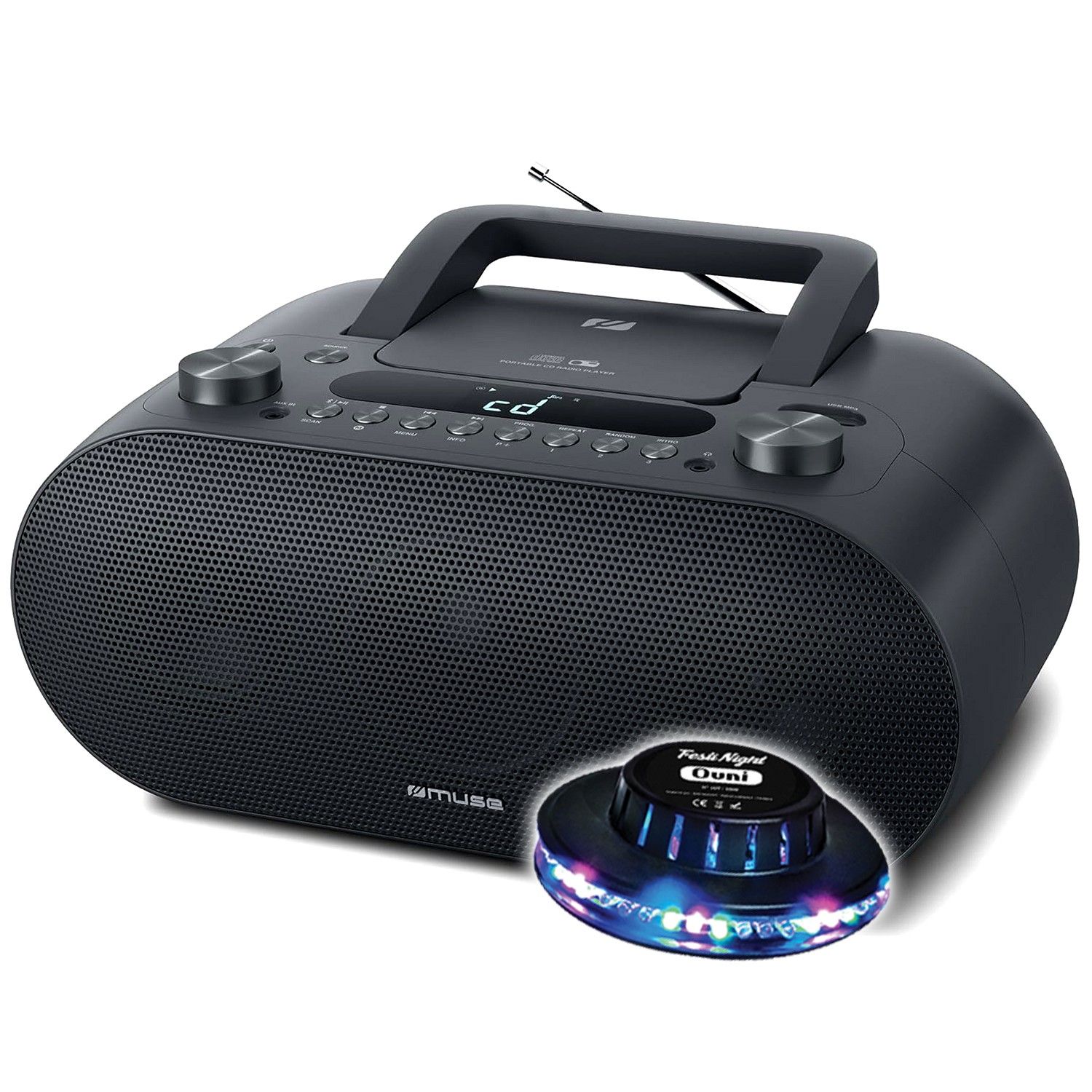 Muse M-35 BT CD Player, Bluetooth, FM Radio, MP3, USB, AC and Battery Power, Black - UFO Light Included