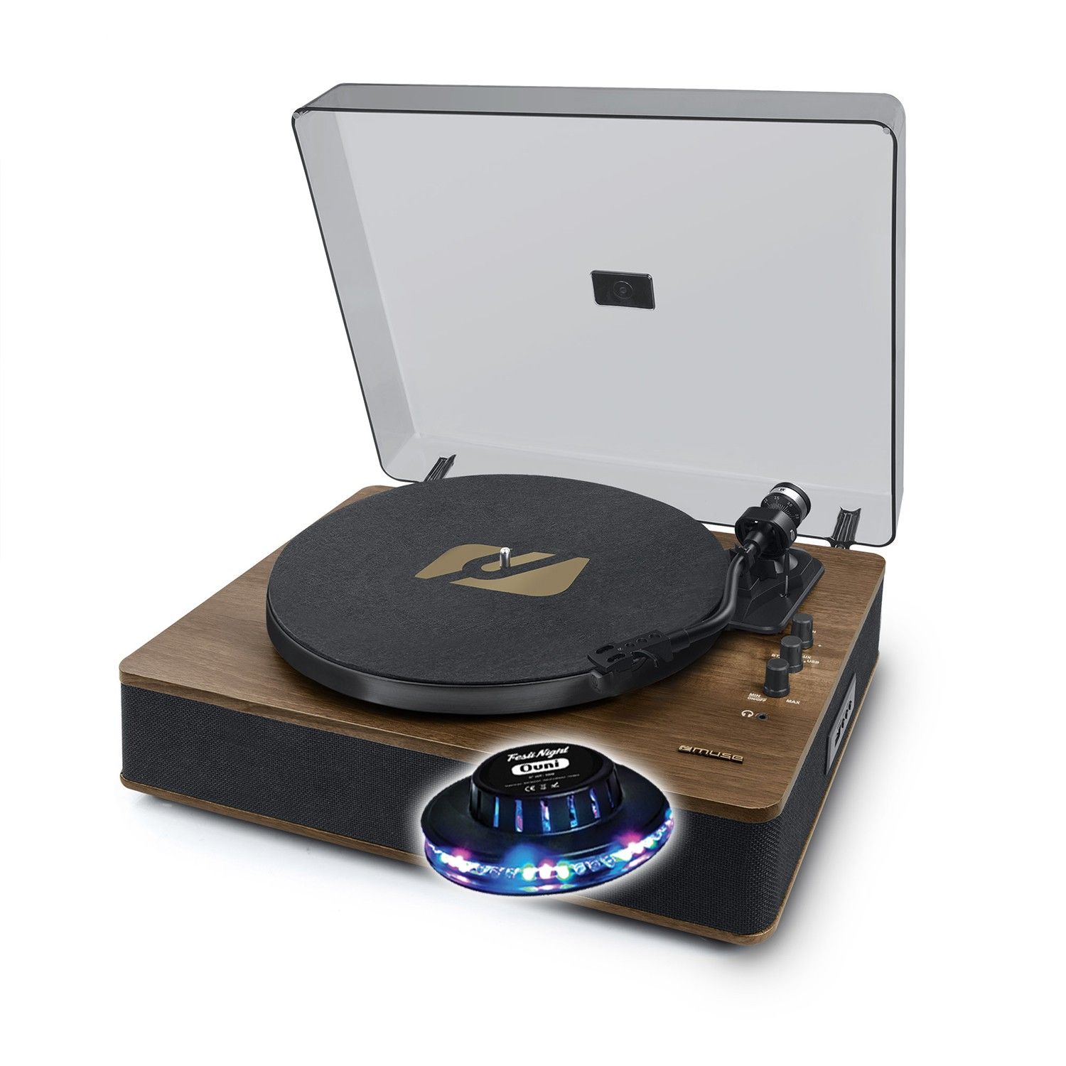 Pickering Muse MT-107 BTO Vinyl Player, 33/45 RPM Turntable with Stereo Speakers - Bluetooth, USB Playback/Encoding, Black/Wood Finish, UFO LED Lights
