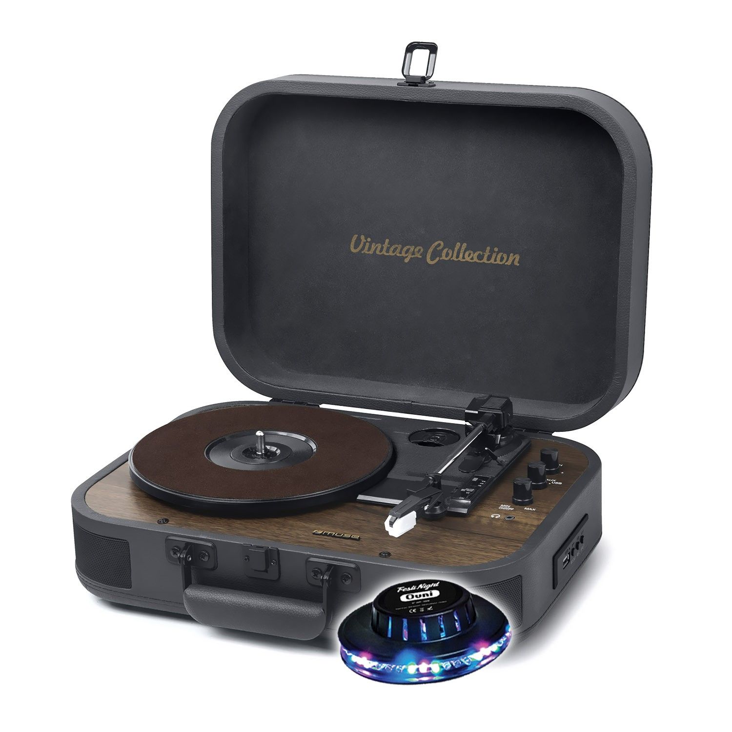 Pickering Muse MT-207 DGB Vinyl Player, 3 Speed Turntable with Bluetooth, USB & 45 RPM Adapter, Wooden Black, Light