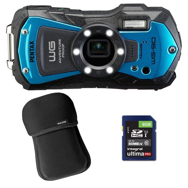 Pentax WG-90 Blue Waterproof Camera with Case and 8GB SD Card